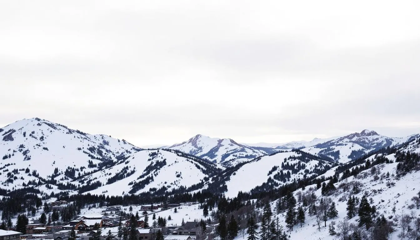 A scenic view of Brian Head Resort's base area showcases snow-covered slopes with majestic mountain peaks in the background, highlighting the beauty of Utah's ski resorts. This picturesque landscape invites visitors to enjoy winter activities and experience the greatest snow on earth in southern Utah.