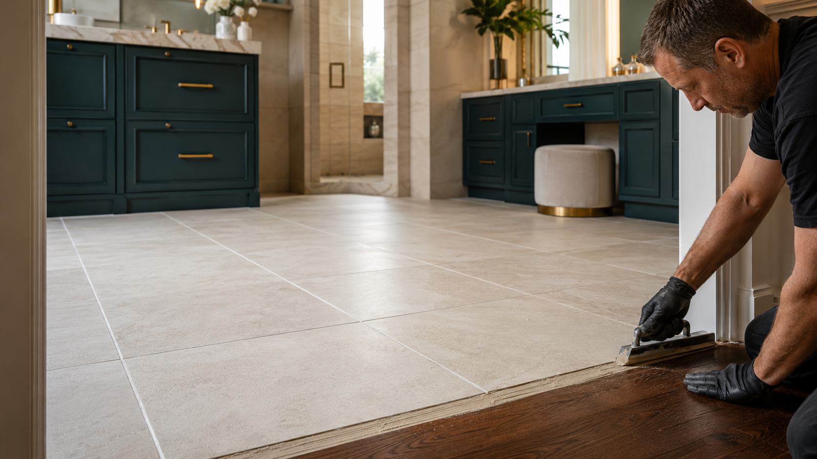 Professional installer checking a level subfloor before laying large-format porcelain tile in a luxury home.