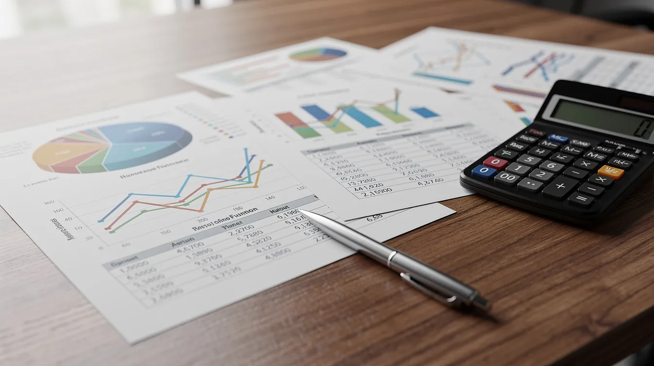 The image shows financial documents, including a balance sheet and cash flow statement, alongside a calculator on a wooden desk, with graphs illustrating financial projections. This setup reflects important elements of financial analysis, essential for preparing a complete CMA report for bank loans and evaluating working capital requirements.