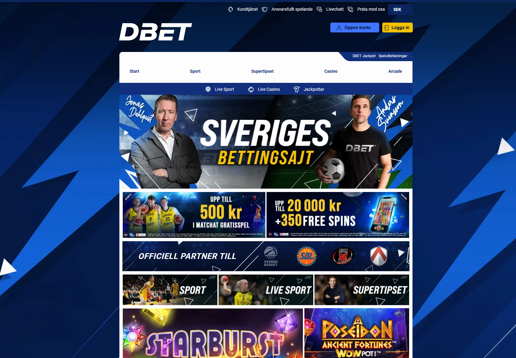 DBET:s startsida med navigering till casino, sport, live casino, Supertipset och aktuella bonusar.