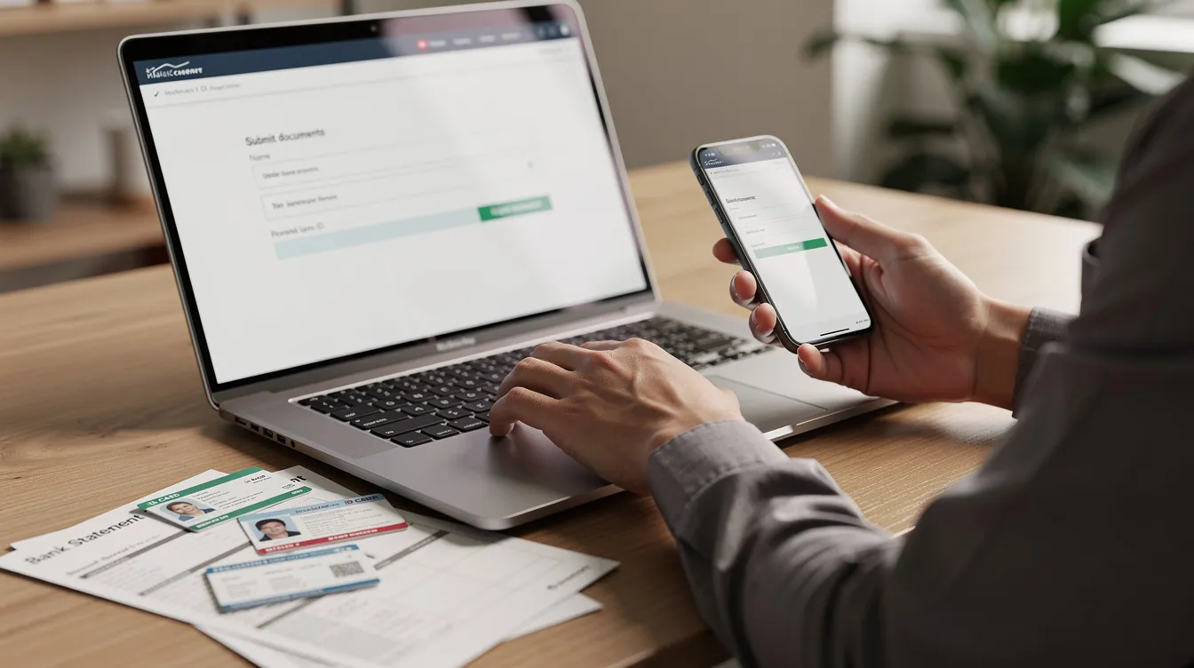 A person is seated at a desk, focused on a laptop and smartphone as they submit documents online. Nearby, identity cards and bank statements are spread out on the table.