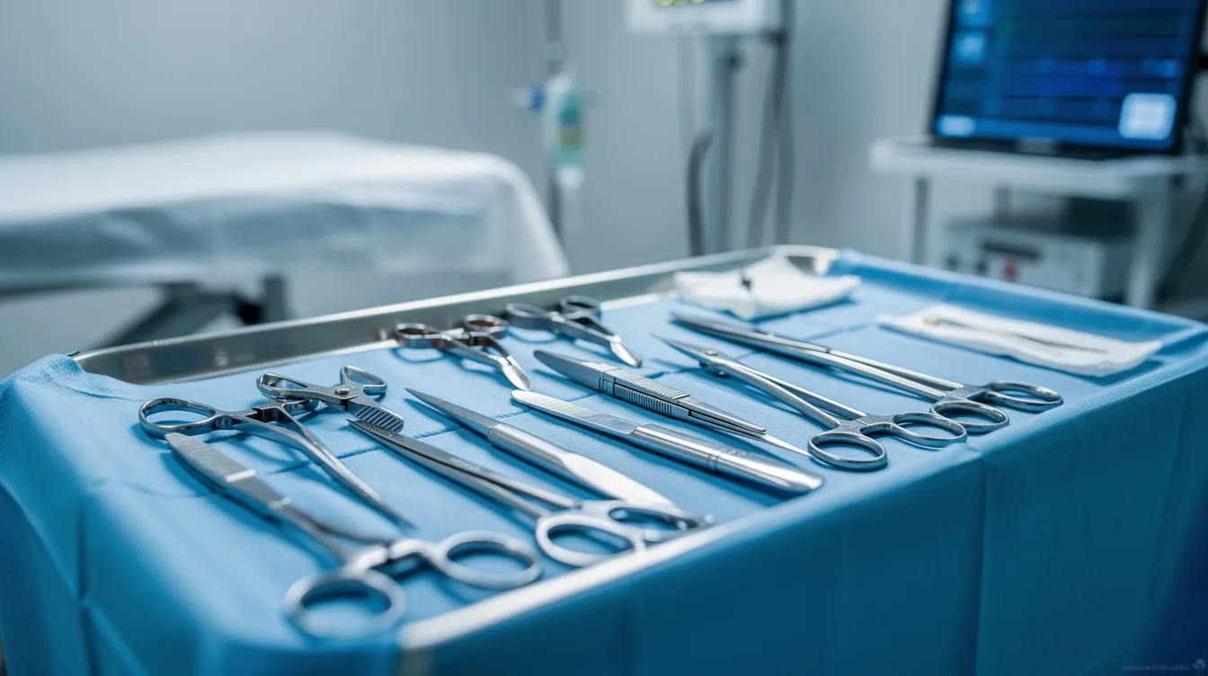 The image shows a close-up view of surgical instruments meticulously arranged on a sterile tray in an operating room, ready for a procedure such as male breast reduction surgery. These instruments are essential for performing advanced techniques to remove excess breast tissue and achieve a more masculine chest contour.