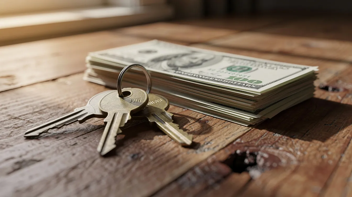 A set of house keys and a small stack of cash are placed on a wooden table, symbolizing the initial steps in purchasing an investment property. This scene reflects the importance of down payments and cash reserves in real estate investment financing.