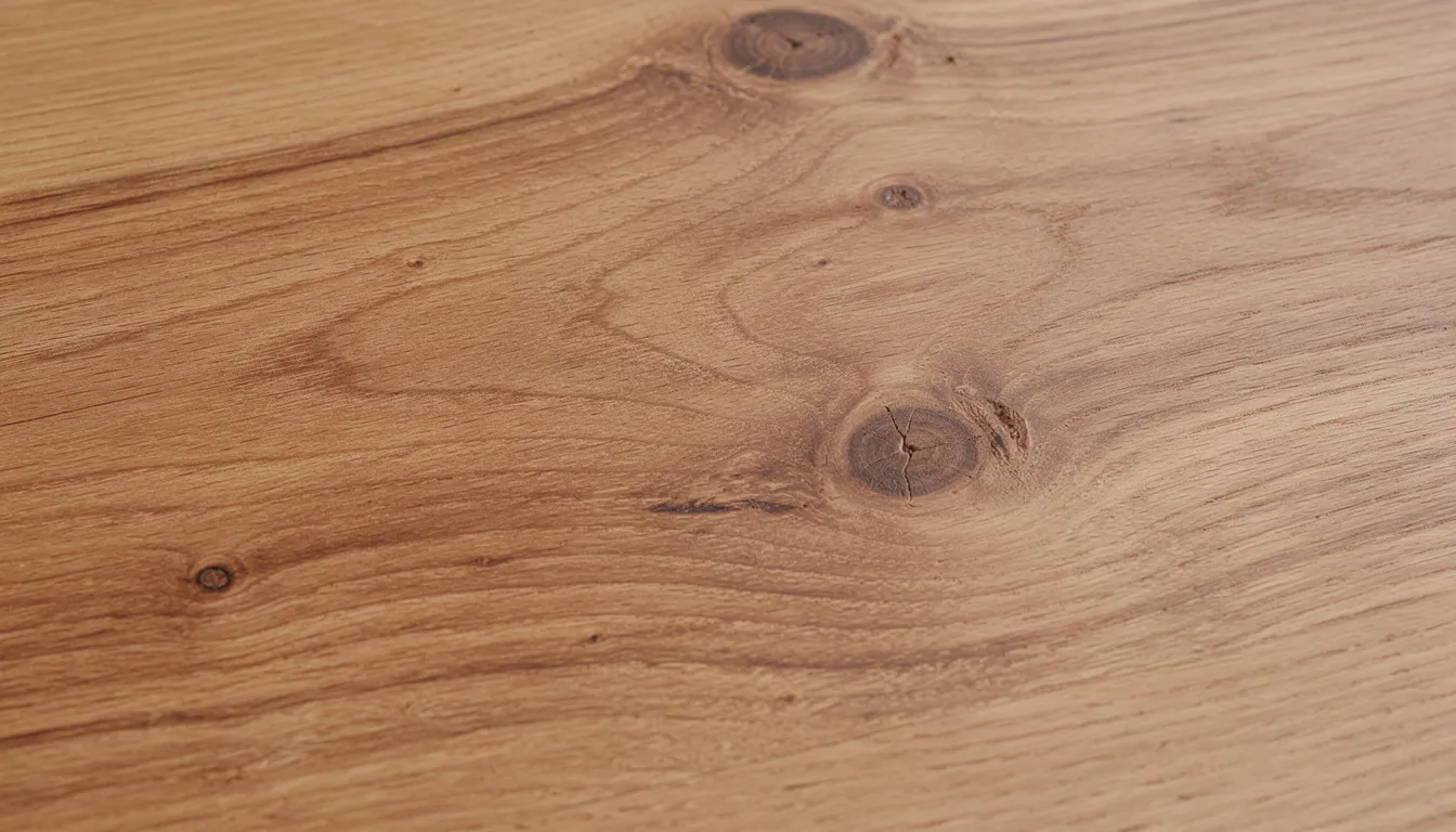 Een close-up van een eikenhouten tafelblad toont de natuurlijke nerfpatronen en kleine noesten, wat bijdraagt aan de unieke uitstraling van deze kiezelvormige eettafel. De hoogwaardige afwerking en organische lijnen geven het meubelstuk een warme en natuurlijke look.