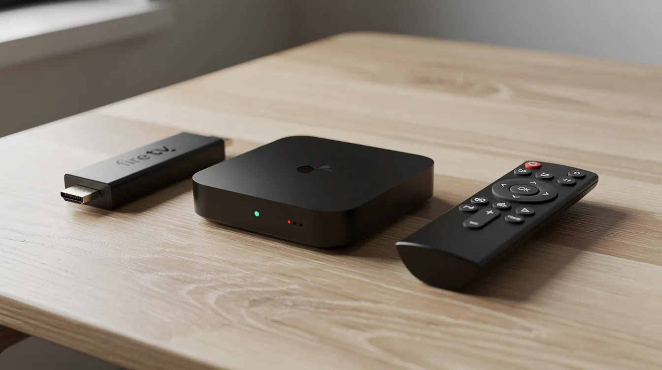 The image shows a variety of streaming devices, including a Fire TV stick and an Android TV box, along with a remote control, all neatly arranged on a wooden table. These devices are essential for accessing IPTV services, providing users with high-quality streaming options for live television and on-demand content.
