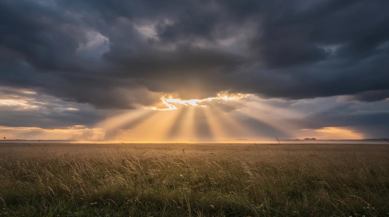A dramatic sunrise emerges from behind dark storm clouds, illuminating an open field with vibrant hues of orange and pink, symbolizing hope and renewal amidst life's challenges. This scene evokes a sense of wonder, prompting one to ponder what they would ask God if given the chance, reflecting on the meaning of existence and the possibility of answers to life's deepest questions.