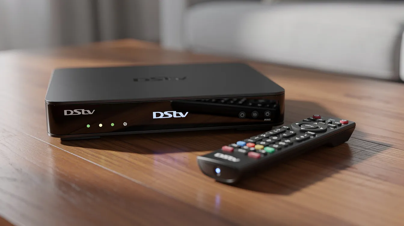 The image features a DStv Explora decoder alongside its remote control, both resting on a wooden surface, symbolizing the convenience of professional DStv installation services. This setup highlights the essential tools for enjoying reliable entertainment and optimal signal reception in your home.