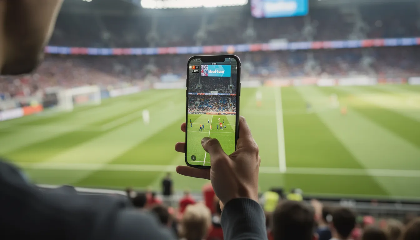 A person stands in front of a stadium, holding a smartphone that displays a live sports event, illustrating the excitement of online sports betting. The image captures the vibrant atmosphere of the game and highlights the use of sports betting apps for placing bets in real-time.