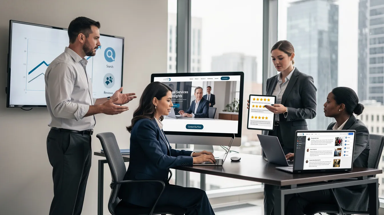 The image depicts a diverse group of professionals actively engaging in discussions and collaborating in a modern office setting, symbolizing the dynamic nature of law firm marketing efforts. The scene illustrates the importance of teamwork in building a strong online presence and attracting potential clients in the legal industry.