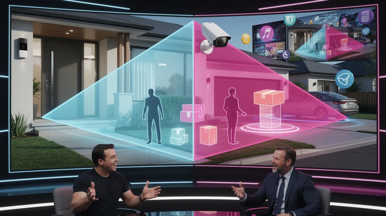 Comparison of coverage area between video doorbells and outdoor security cameras in a residential setting.