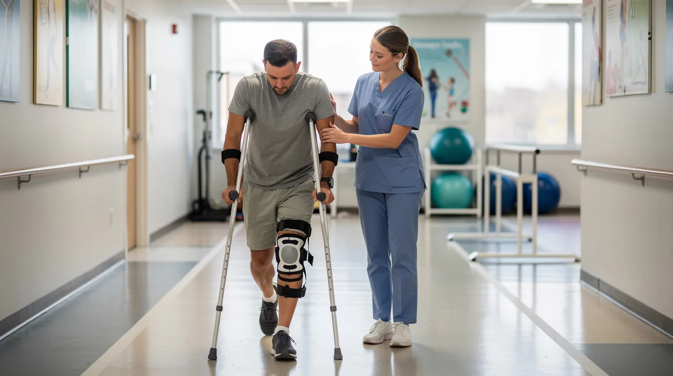 A person using crutches is walking alongside a physical therapist in a rehabilitation clinic hallway, demonstrating the process of recovery after experiencing pedestrian accident injuries. This scene highlights the importance of seeking medical attention and physical therapy for injured pedestrians to aid in their rehabilitation journey.