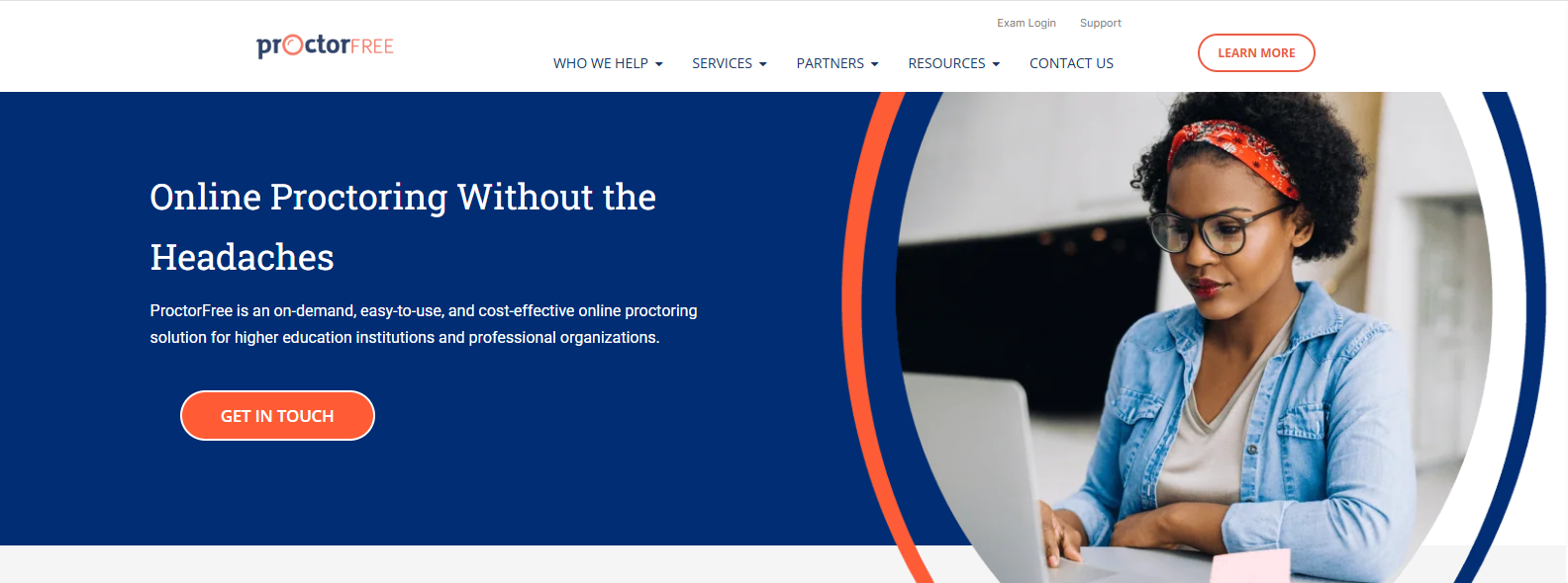 ProctorFree homepage featuring secure online proctoring software for higher education, offering remote exam monitoring, identity verification, and academic integrity.