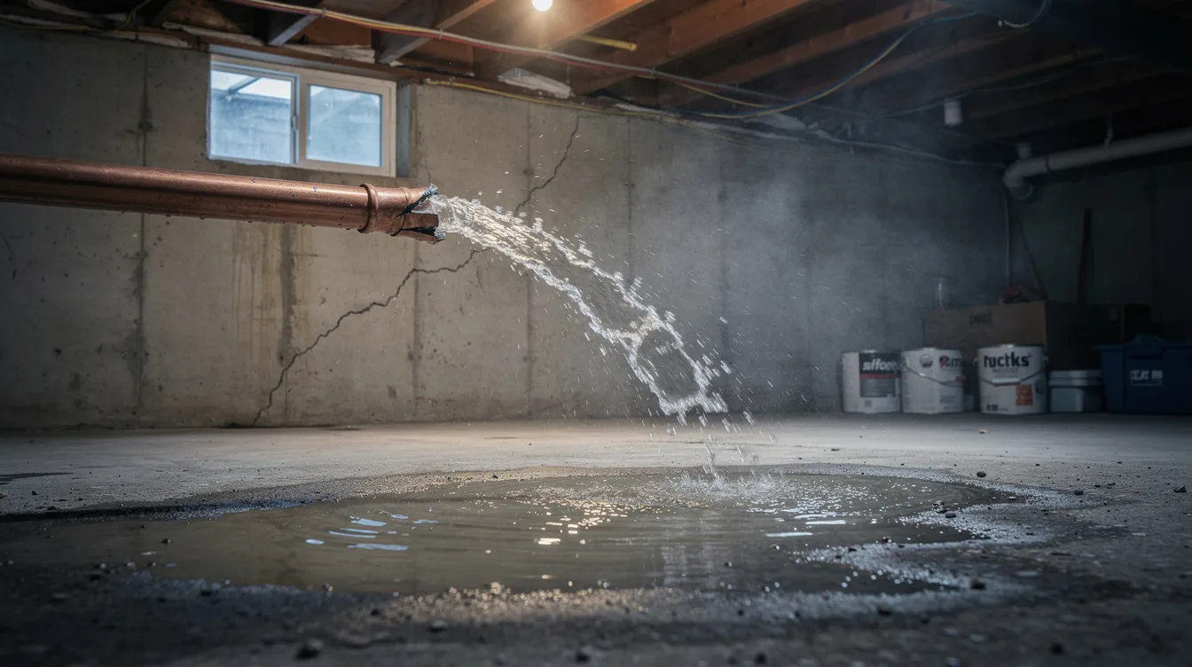 Water is spraying from a burst copper pipe in a residential basement, surrounded by bare concrete walls, highlighting a plumbing issue that requires immediate attention. Homeowners may need to contact local plumbing services for emergency plumbing assistance and to fix leaks in their home's plumbing system.