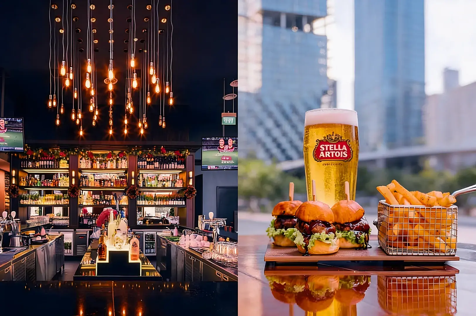 Stylish bar interior with hanging lights next to a vibrant outdoor setting featuring a pint of beer with sliders and fries, creating a cozy and inviting atmosphere.