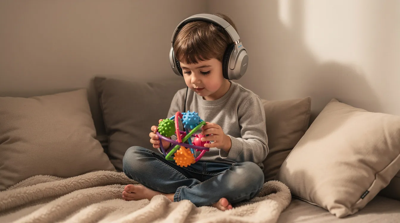 A child with autism spectrum disorder is seated in a quiet corner, wearing noise-cancelling headphones, surrounded by soft lighting and a sensory toy, creating a calming environment to help manage transitions and reduce anxiety. This space allows the child to use coping strategies and engage in preferred activities, promoting emotional well-being during routine changes.
