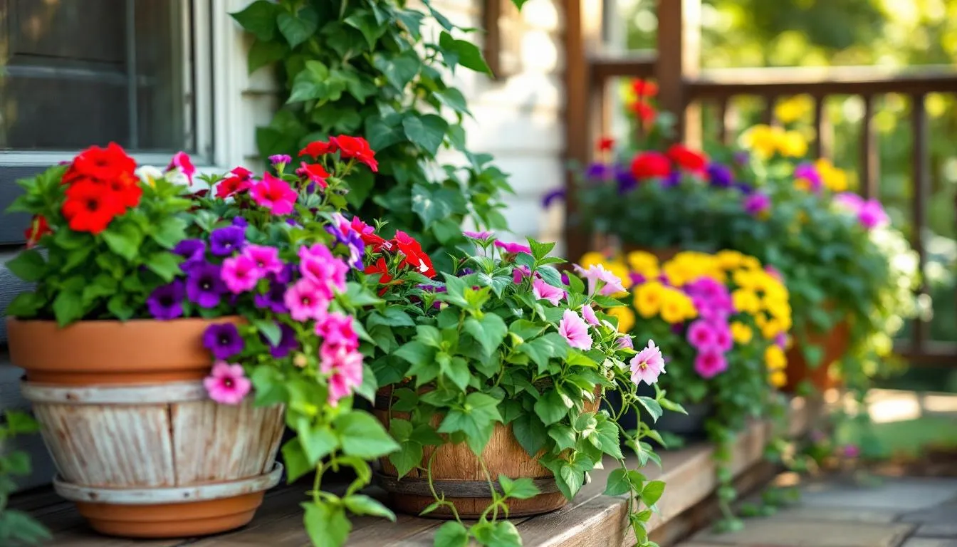 A vibrant display of colorful container gardens, featuring trailing plants, flanks a welcoming front entrance, enhancing the home's curb appeal. This arrangement adds a lively touch to the front porch, creating an inviting atmosphere for visitors.