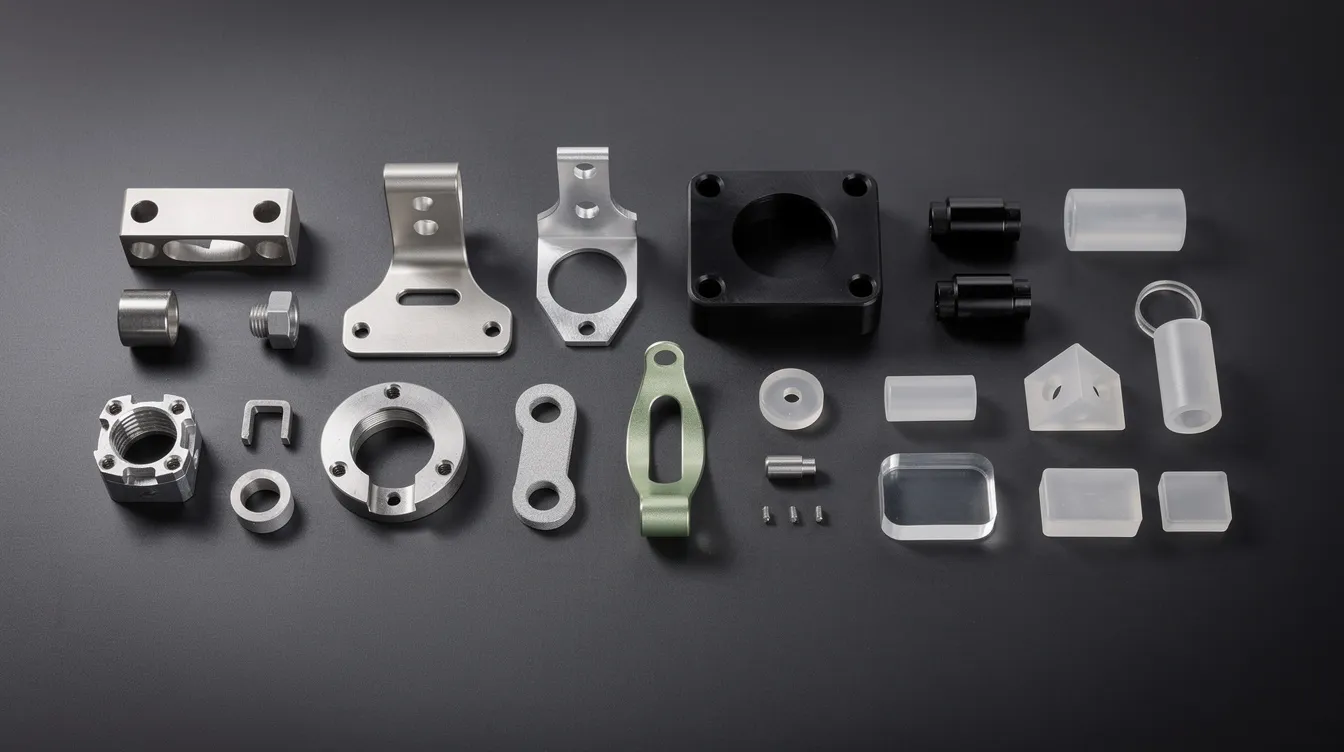 The image showcases a variety of metal and plastic prototype parts with different materials and finishes, arranged on a dark surface. These functional prototypes highlight the prototyping process and manufacturing capabilities in product development, reflecting the diverse applications of rapid prototyping techniques such as CNC machining and 3D printing.