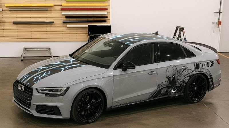 Audi wrapped in partial wrap strips and character