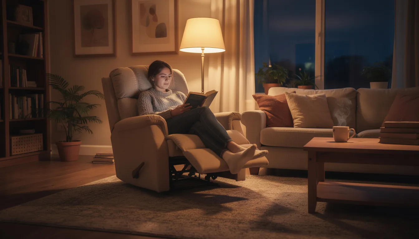 A person is comfortably relaxing in a classic manual recliner while reading a book in a spacious living room, surrounded by cozy furnishings. The recliner features ergonomic support and adjustable headrests, providing maximum comfort for a perfect reading experience.
