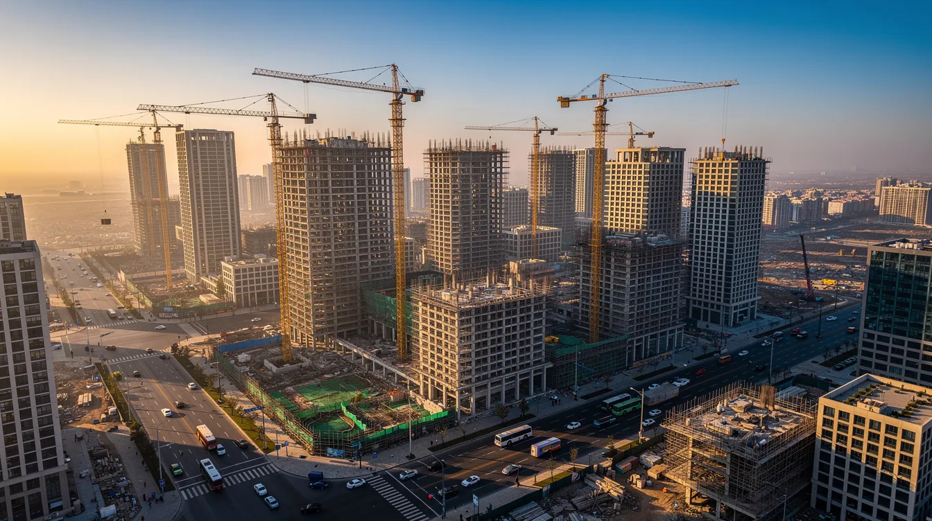 An aerial view captures a vibrant city skyline in the midst of growth, showcasing multiple construction cranes against a clear blue sky, symbolizing the dynamic progress of the construction industry. This scene reflects the strategic planning and project management efforts of project managers and construction companies focused on successful project delivery.