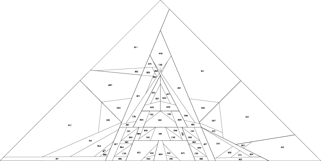 A line illustration of Orion's Spur foundation paper pieced pattern resembling a colour by numbers worksheet.