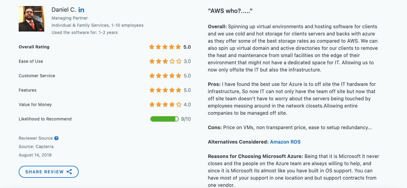 The visual is a user review for Azure, a Cloud orchestration tool.