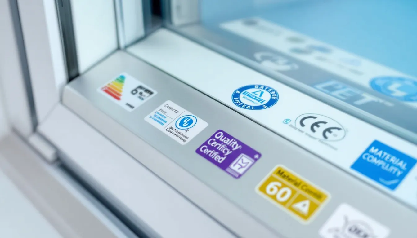 De afbeelding toont verschillende kwaliteitscertificeringsmerken en labels die relevant zijn voor kozijnen, zoals kunststof, aluminium en houten kozijnen. Deze labels garanderen de kwaliteit en isolatie van de kozijnen, wat belangrijk is bij het vervangen van oude kozijnen of het plaatsen van nieuwe kozijnen.