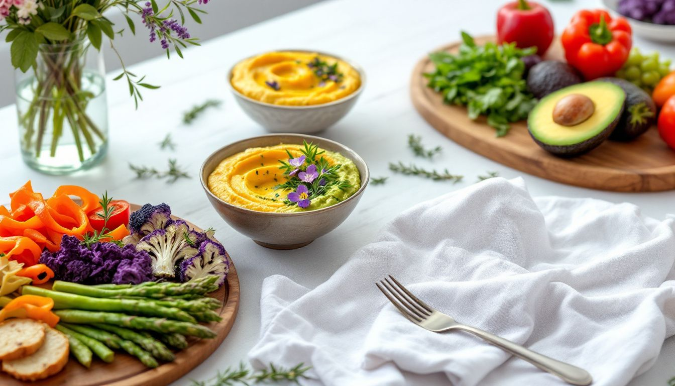 A colorful spread of Gluten Free Vegan Appetizer including dips and fresh vegetables.