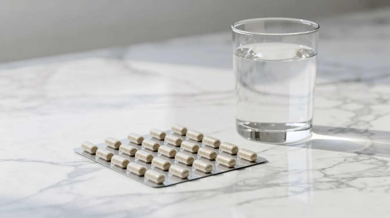 The image features neatly arranged supplement capsules on a white marble surface, accompanied by a glass of water, suggesting a focus on cognitive support and overall brain health. These dietary supplements are designed to enhance memory retention and maintain mental clarity for improved cognitive function.