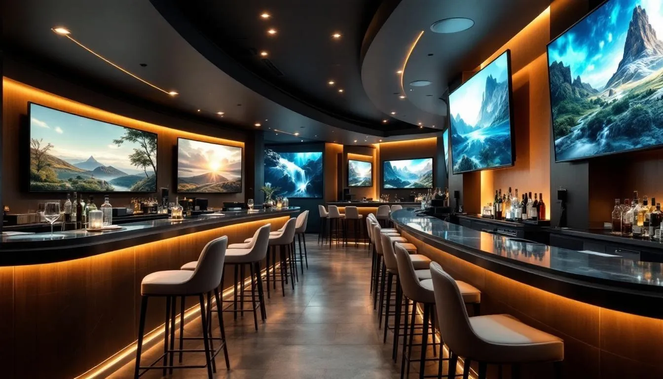 A modern bar showcasing a multiroom video system with high-quality displays.