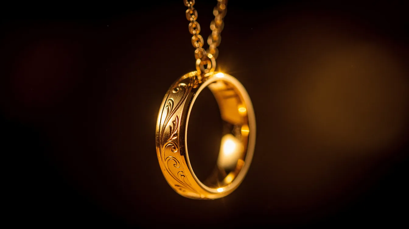 Ein schimmernder goldener Ring hängt an einer Kette und strahlt im warmen Licht, während er vor einem dunklen Hintergrund glänzt. Dieses Objekt könnte als MacGuffin in einem spannenden Filmplot dienen, ähnlich wie der Ring in "Der Herr der Ringe".