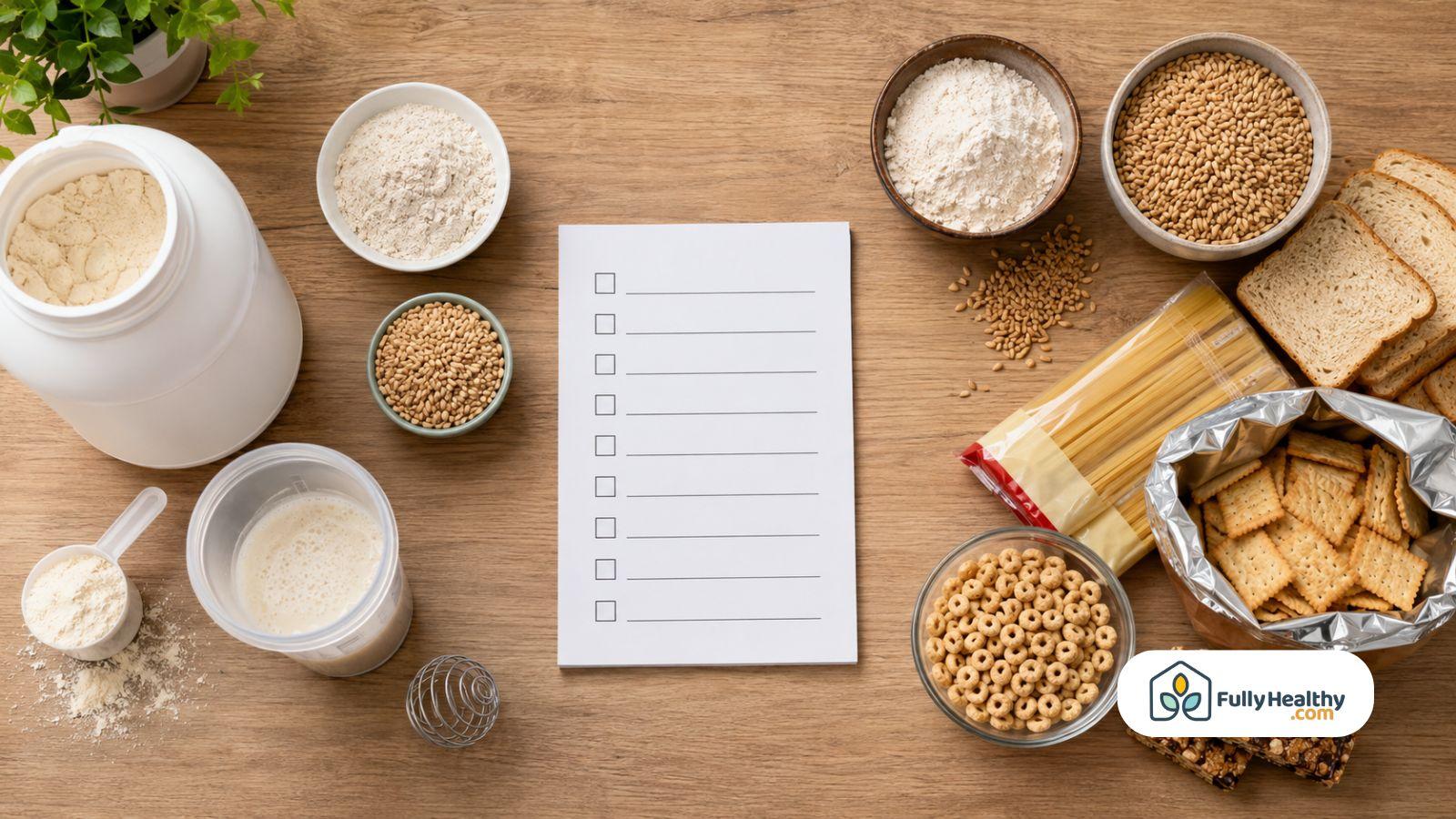 Whey protein beside gluten containing foods with ingredient checklist for comparison