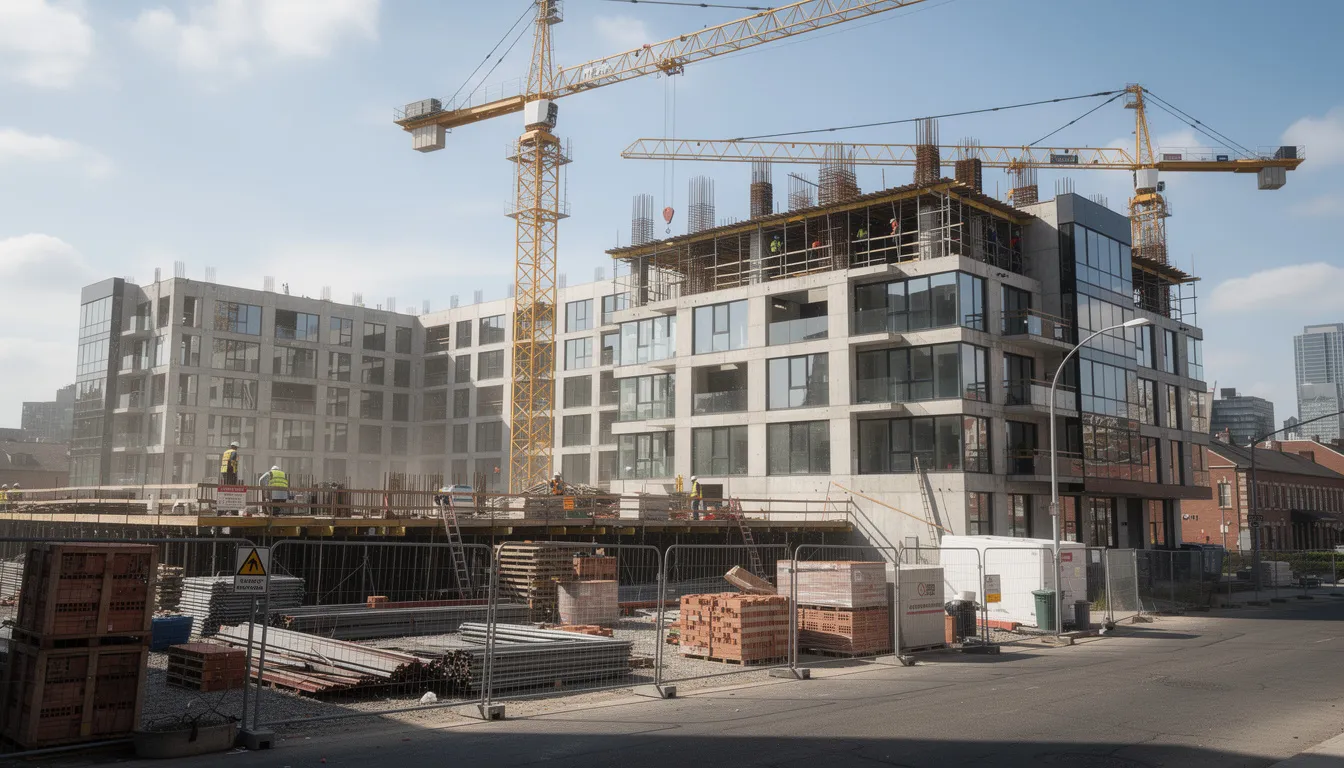 Un moderno complejo de apartamentos está en construcción, con grúas visibles en el fondo, reflejando el crecimiento del mercado inmobiliario en Estados Unidos, especialmente en ciudades como Miami y Orlando. Este desarrollo representa oportunidades para inversionistas y compradores interesados en la preconstrucción de propiedades en el sur de Florida.