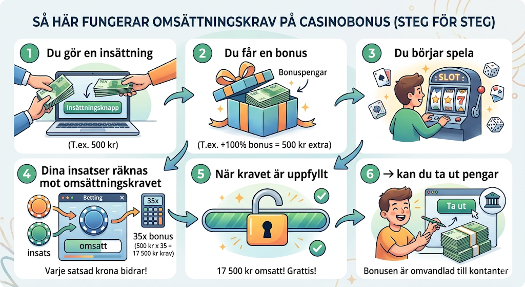 Hur omsättningskrav fungerar – spela igenom casino bonus och insättning steg för steg innan uttag