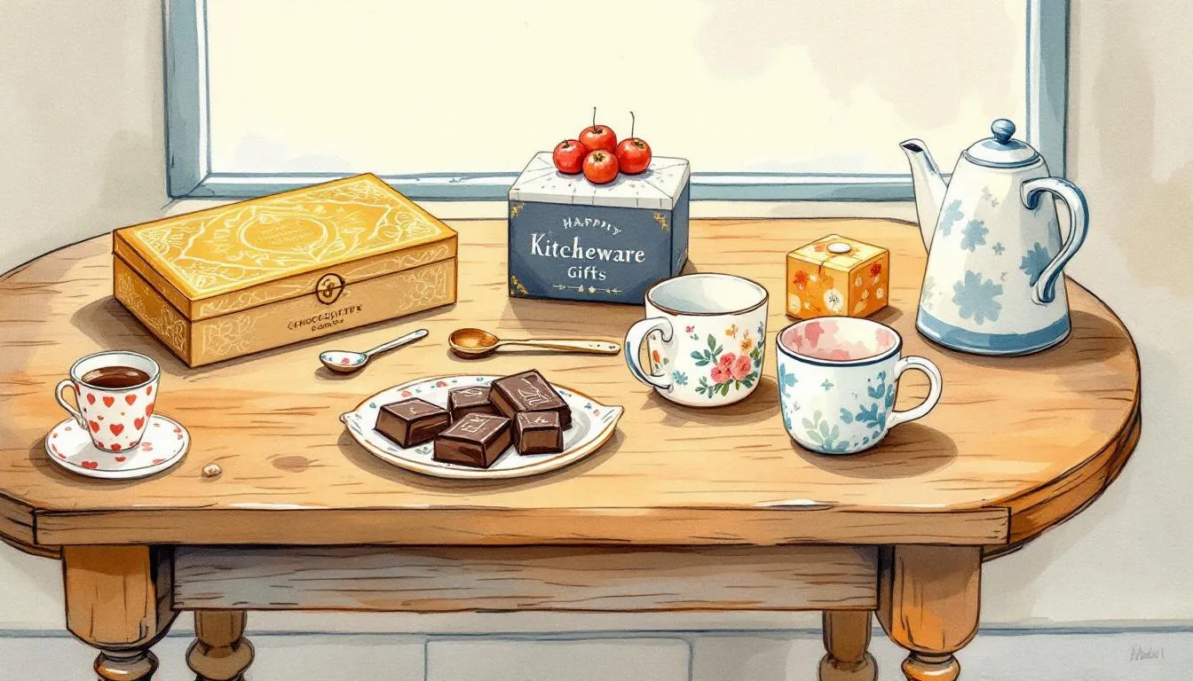 A selection of unique kitchenware gifts, including a gourmet chocolate box and decorative items that make perfect gifts for mom.