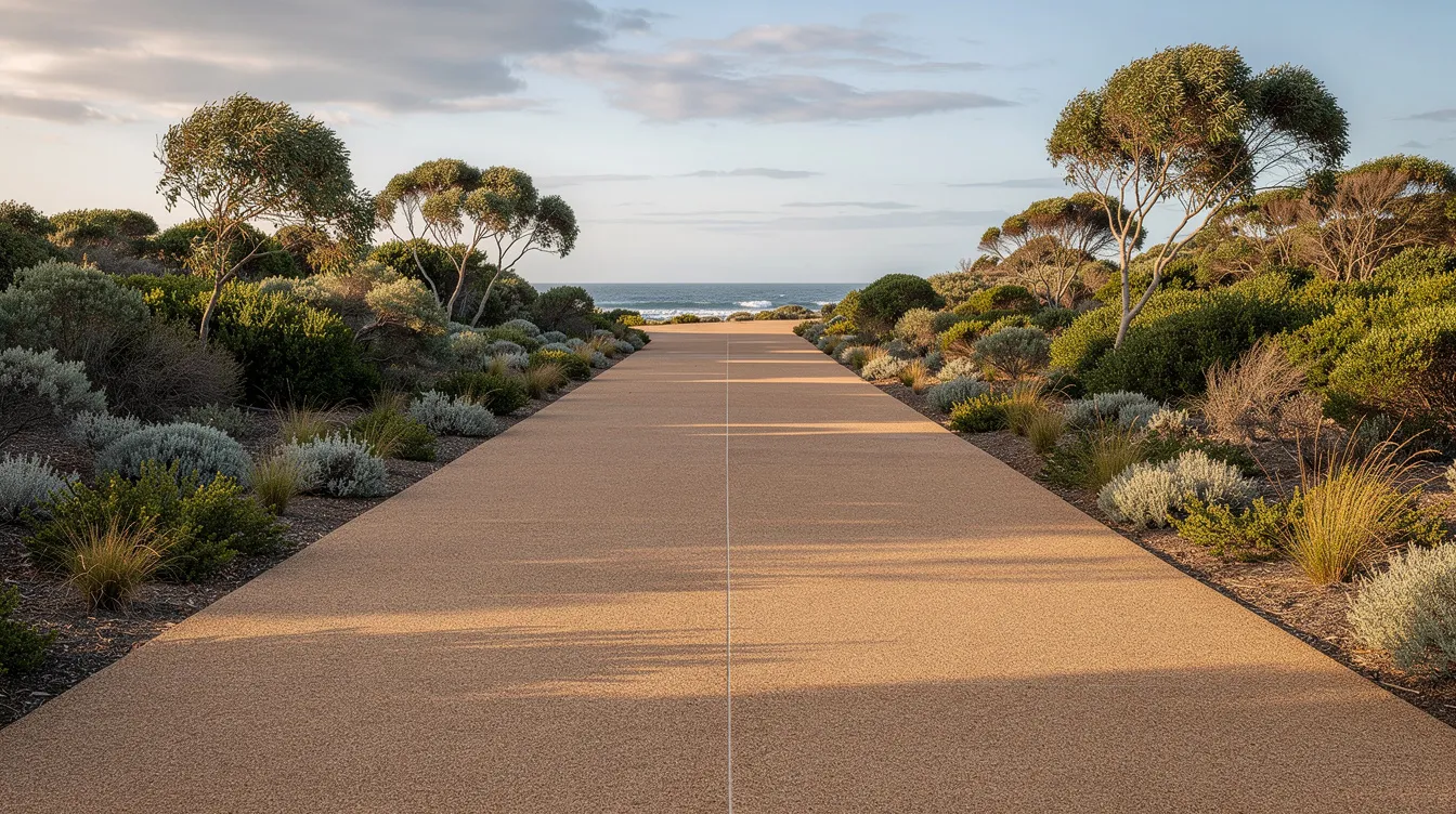 The image depicts a coastal concrete driveway featuring a natural earth-toned finish, seamlessly blending with the surrounding native bushland. This decorative concrete surface enhances the visual appeal of the outdoor space while exemplifying quality workmanship and a modern appearance.