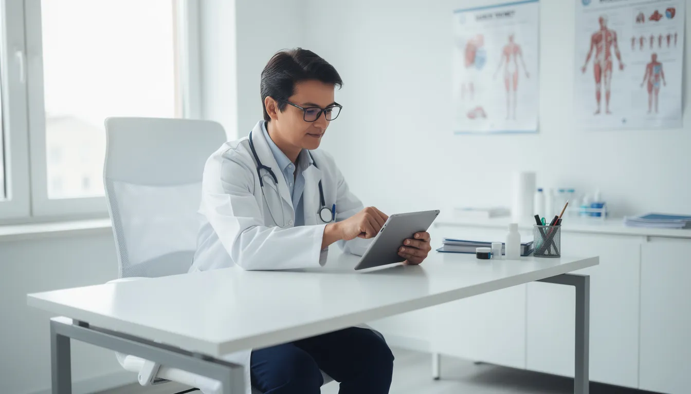 The image depicts a physician in a modern medical office, focused on reviewing documents on a tablet. This setting highlights the integration of technology in healthcare, emphasizing the importance of administrative functions and management services organizations in enhancing patient care and operational efficiency.