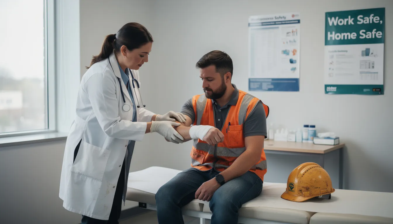 A medical professional is examining an injured worker in a clinical setting, providing necessary medical care following a workplace accident. This interaction highlights the importance of medical treatment for injured workers seeking workers compensation benefits and support for their workers compensation claim.