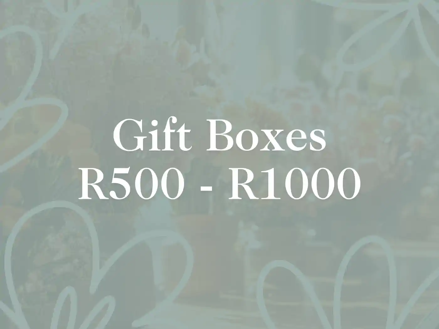 A serene background with the text "Gift Boxes R500 - R1000" displayed in white font, emphasizing the range of gift boxes available. Fabulous Flowers and Gifts, Gift Boxes R500-R1000.
