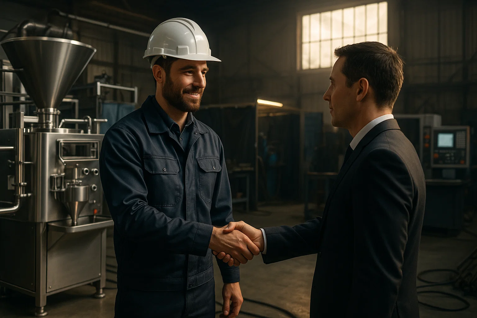 Engineer meeting with a client inside a stainless steel fabrication workshop.