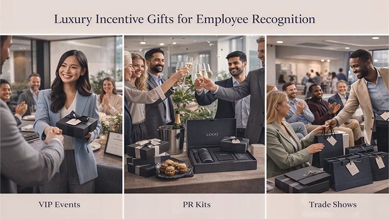 Luxury incentive gifts for employee recognition shown at VIP events, PR kit celebrations and trade shows, with staff receiving elegant branded gift boxes and bags