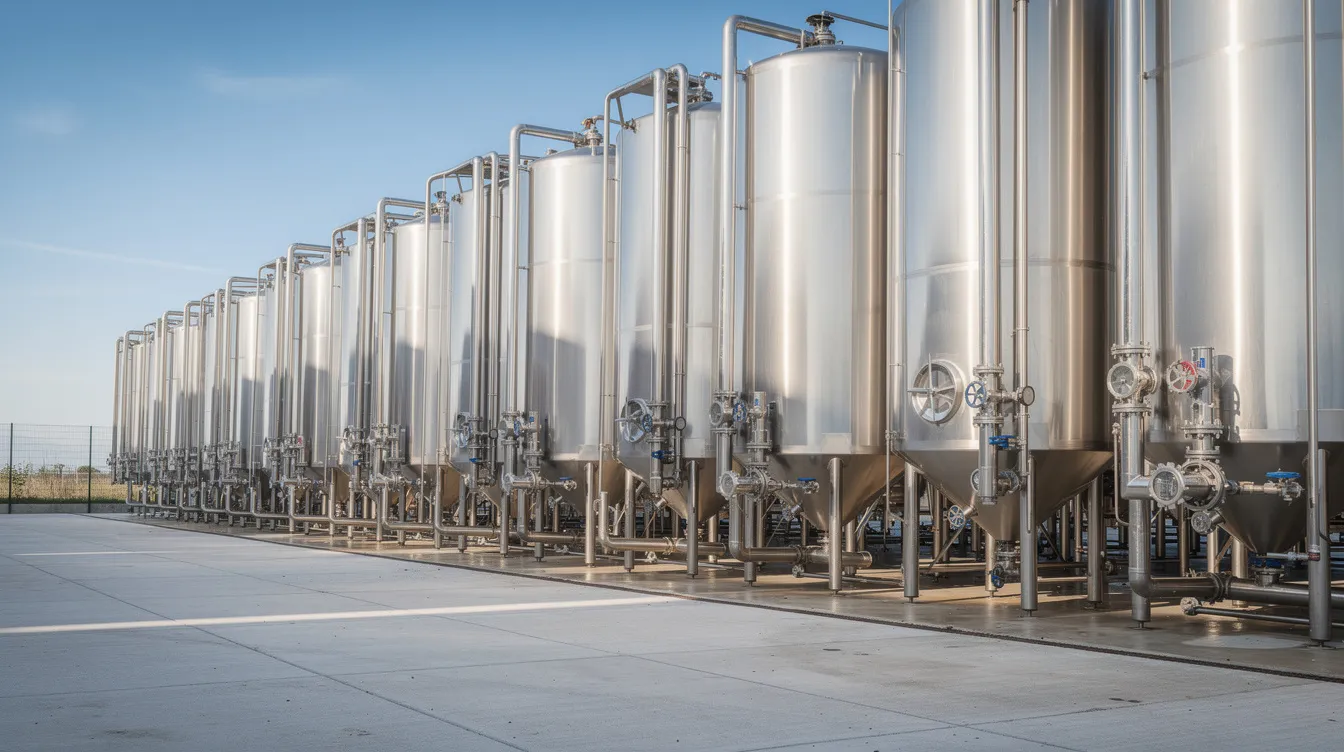b30e8cd6 253f 43c7 9e14 9b6a6fdf219f The image shows rows of large stainless steel milk storage silos in an outdoor dairy plant yard, connected by pipes under a clear blue sky. This setup is essential for the milk powder production plant, highlighting the scale of operations in the dairy processing industry.
