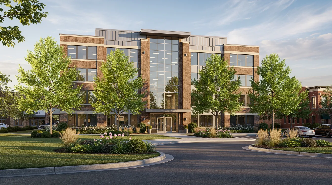 The image depicts a professional office building surrounded by lush green landscaping in a small Southern city, conveying a sense of accessibility and community. This setting may serve as a resource for individuals seeking information on chronic kidney disease, disability benefits, or social security administration support.