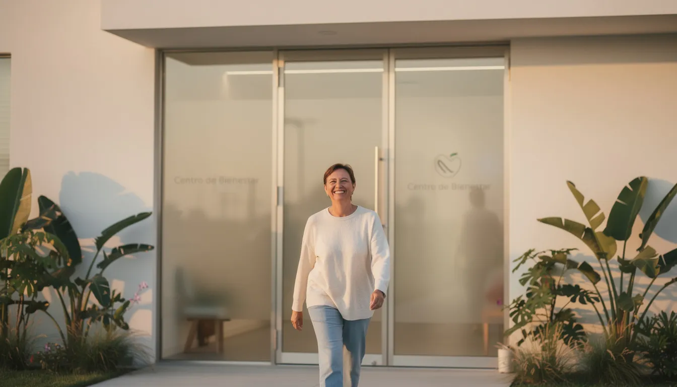 Un cliente sonriente sale de un centro de bienestar, mostrando una expresión de relajación y satisfacción en su rostro. La imagen refleja cómo la experiencia del cliente puede mejorar a través de servicios que atienden sus necesidades y preferencias.