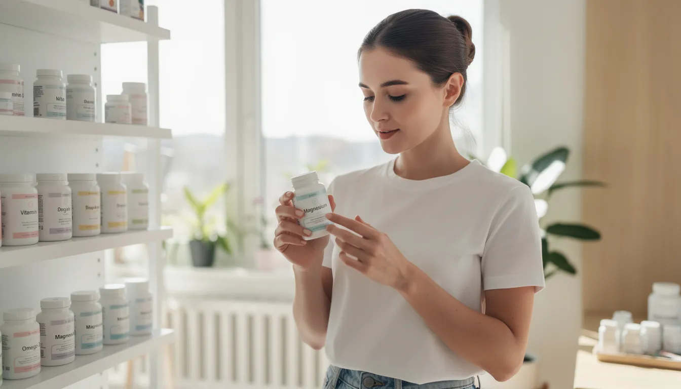 A person is closely examining various supplement bottles in a modern wellness environment, highlighting the focus on NMN supplements and their potential benefits for metabolic health, insulin sensitivity, and overall wellness. The setting suggests an interest in dietary supplementation and the science behind nicotinamide mononucleotide (NMN) for improving longevity and health outcomes.