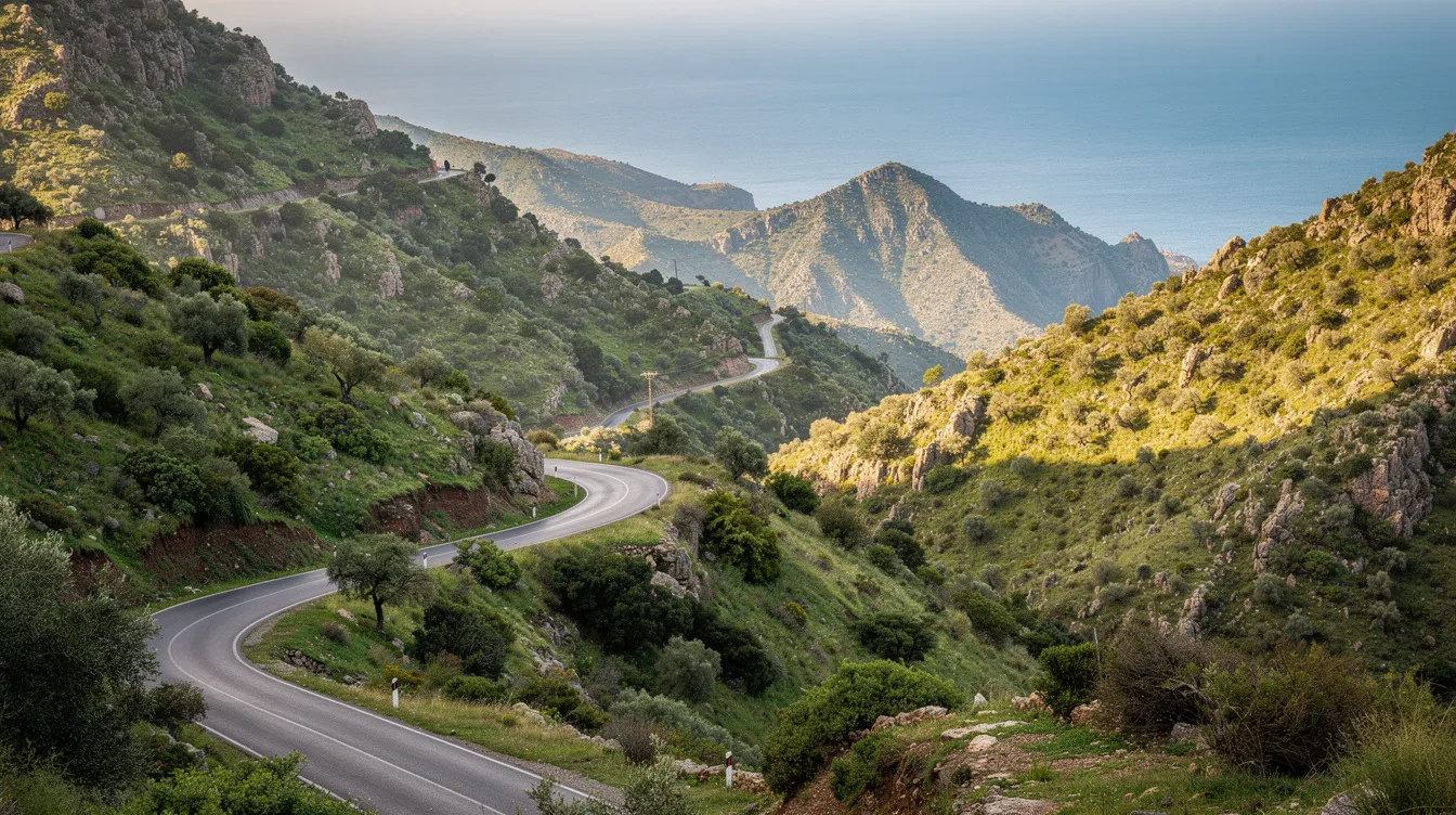 طريق جبلية عبر الريف الأخضر مع إطلالة على البحر.