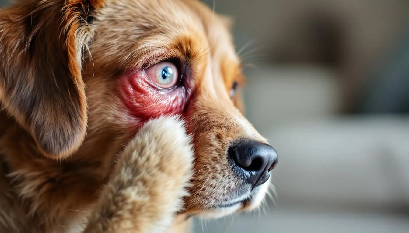 A dog is seen pawing at its eye, displaying signs of discomfort likely due to conjunctivitis, which may include ocular discharge and conjunctival swelling. This behavior can indicate various ocular diseases, such as allergic conjunctivitis or bacterial conjunctivitis, requiring a complete ophthalmic examination by a veterinarian.