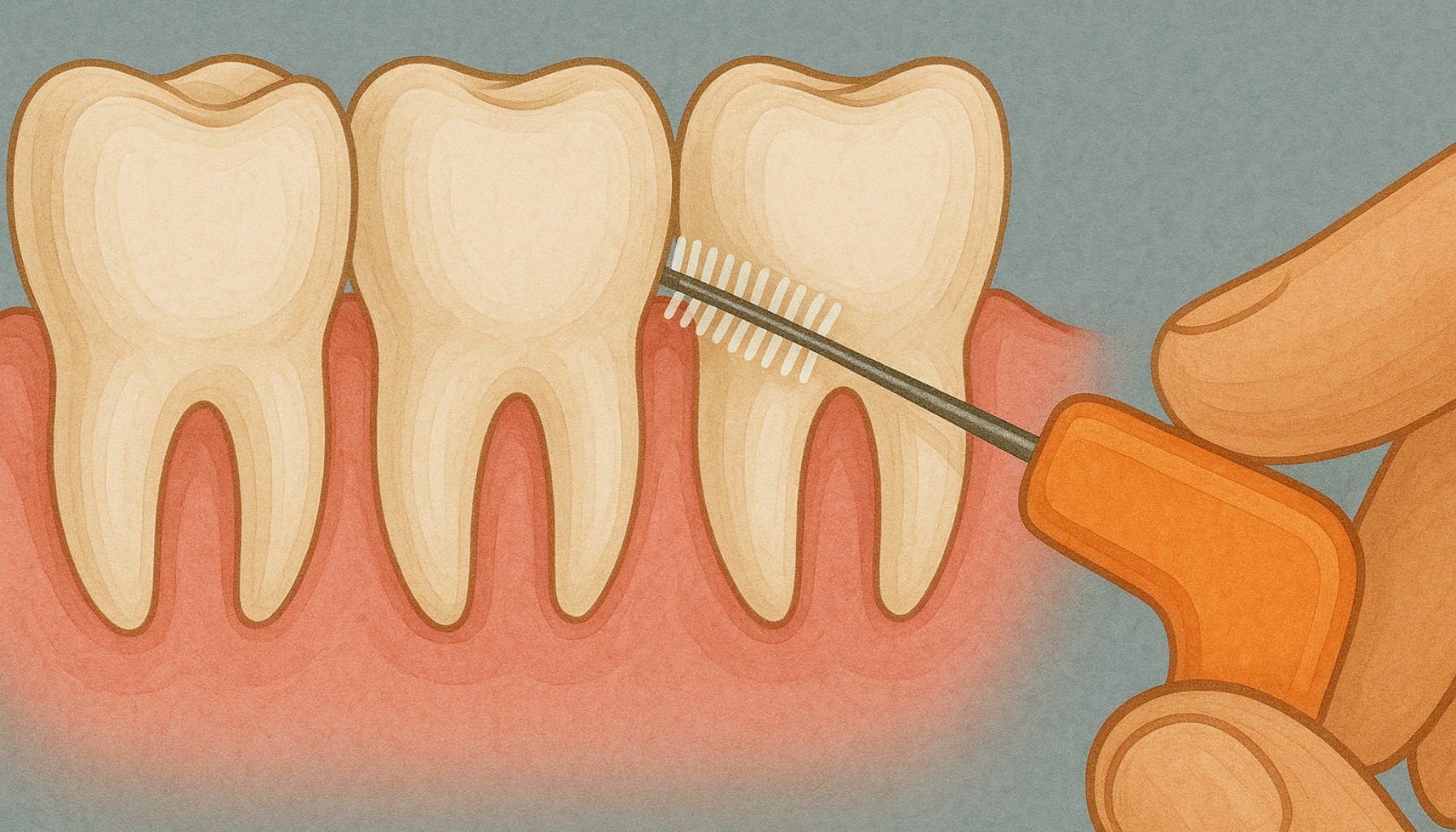Illustrasjon av interdentalbørste som rengjør mellom tennene for å fjerne plakk og forbedre tannhygiene.