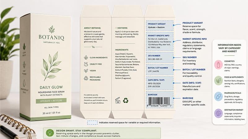 Packaging layout with reserved areas for SKU, barcode, batch number, and market information