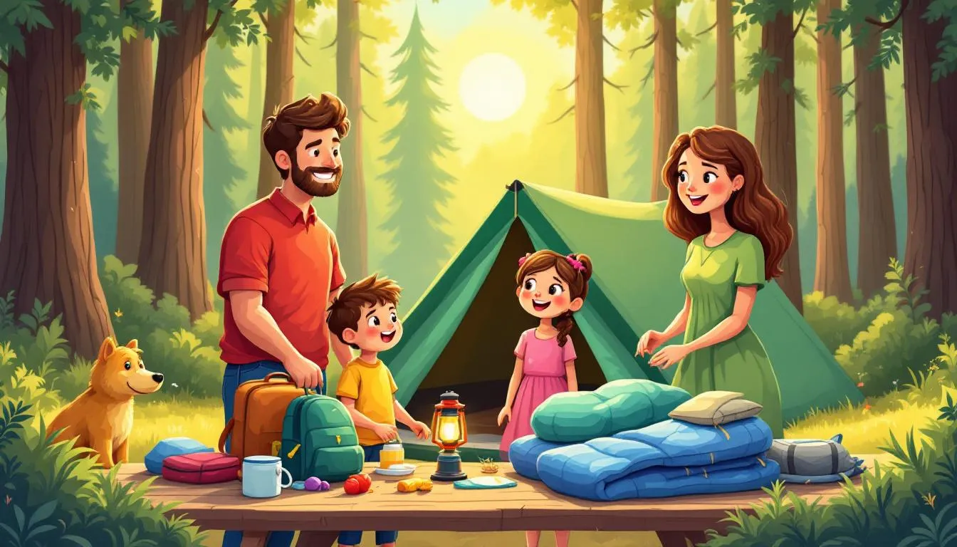 A family preparing for their first time camping with kids, gathering camping gear.